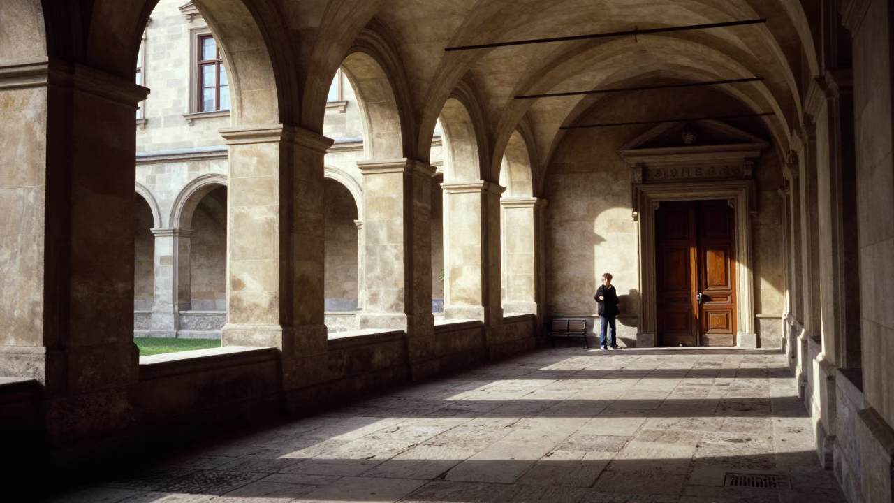 Vienna University Cloister Walkway Early Afternoon with Latch Detail in in Vienna, Austria