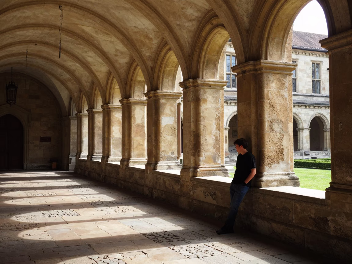 Vienna University Cloister Walkway Late Afternoon Light Stone Architecture Candid Moment in in Vienna, Austria