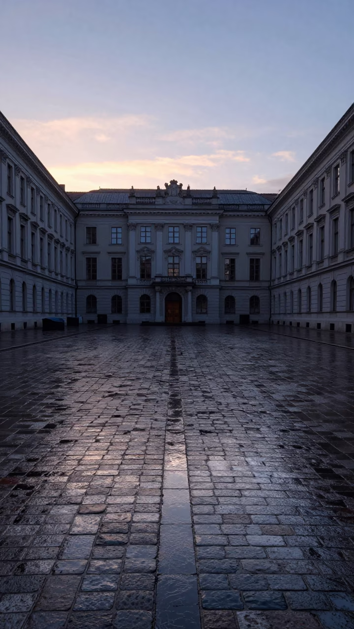Vienna University Courtyard Wet Flagstones Before Sunrise Early Morning Street Scene in in Vienna, Austria