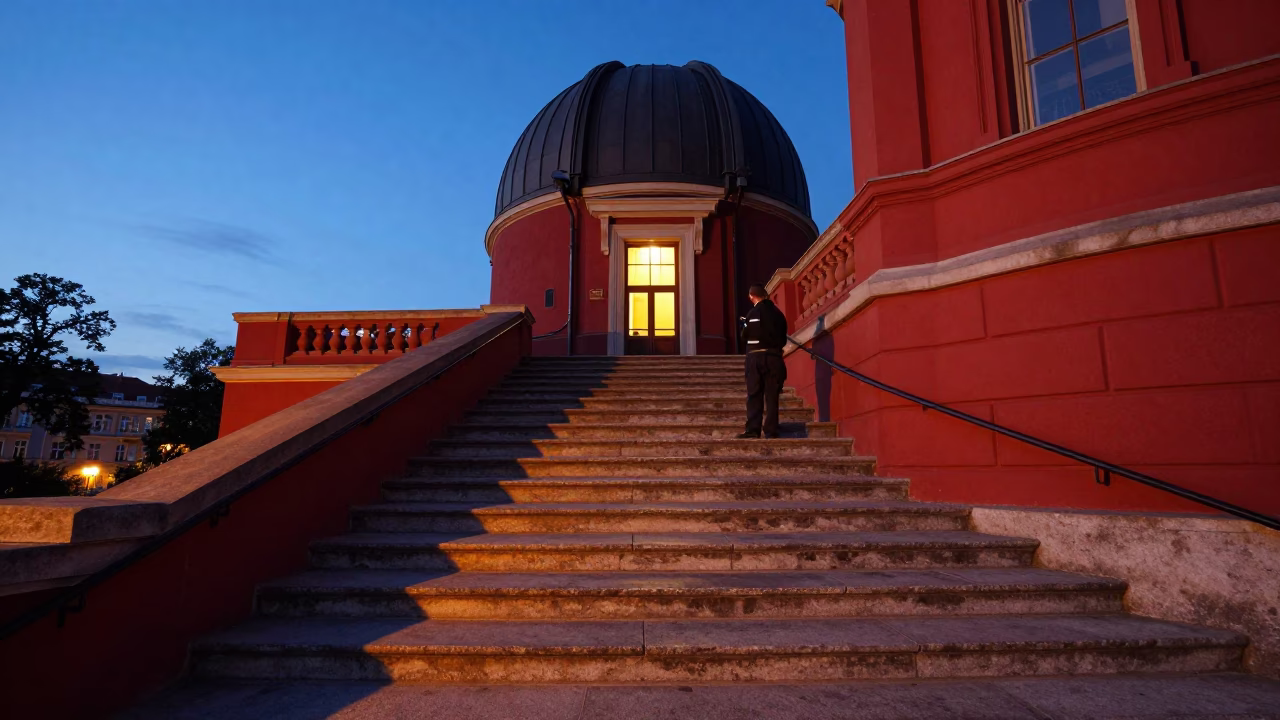 Vienna University Observatory Stairwell Red Night Lights Before Dawn in in Vienna, Austria