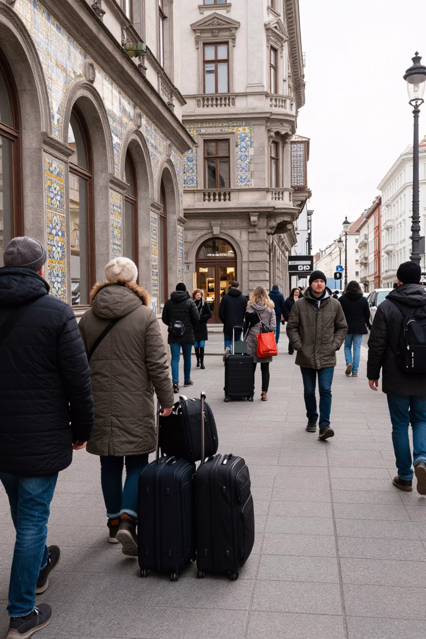 Vienna Winter Noon Busy Street Scene with Suitcases and Ceramic Tiles in in Vienna, Austria