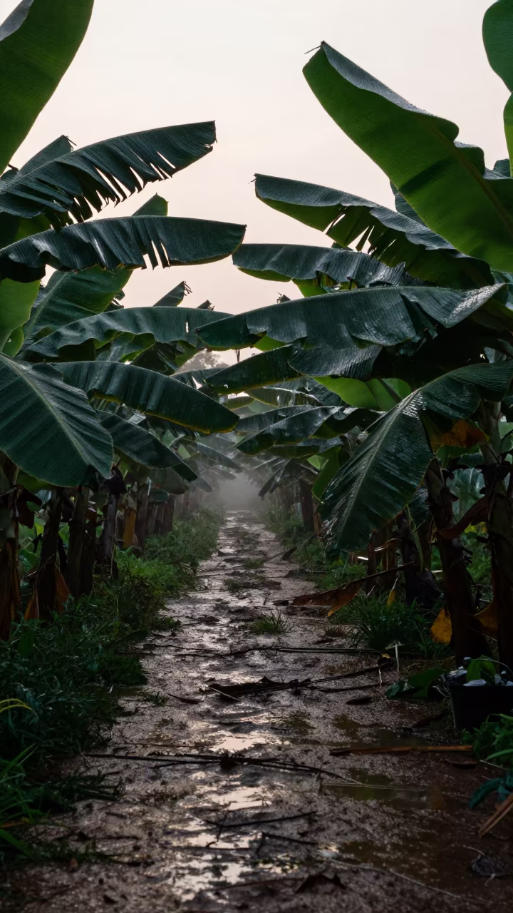 Vietnamese Banana Plantation Rain Path at Dusk in along freshly irrigated rows in Vietnam