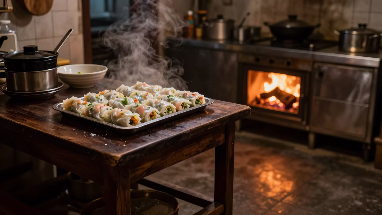Vietnamese Banh Cuon Rolls on Guiyang Kitchen Counter in on a kitchen worktop in Guiyang