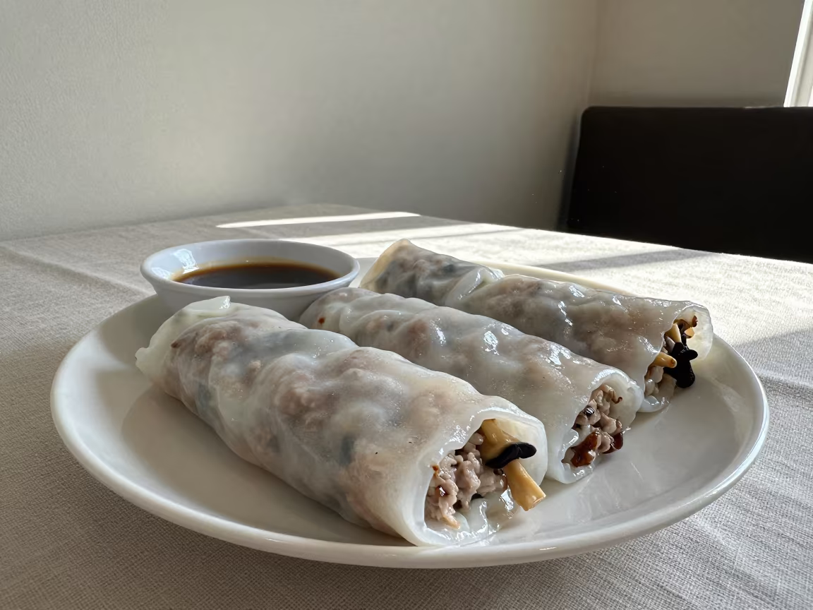 Vietnamese Banh Cuon Rolls on Linen Table in on a linen-covered restaurant table in Nizhny Novgorod