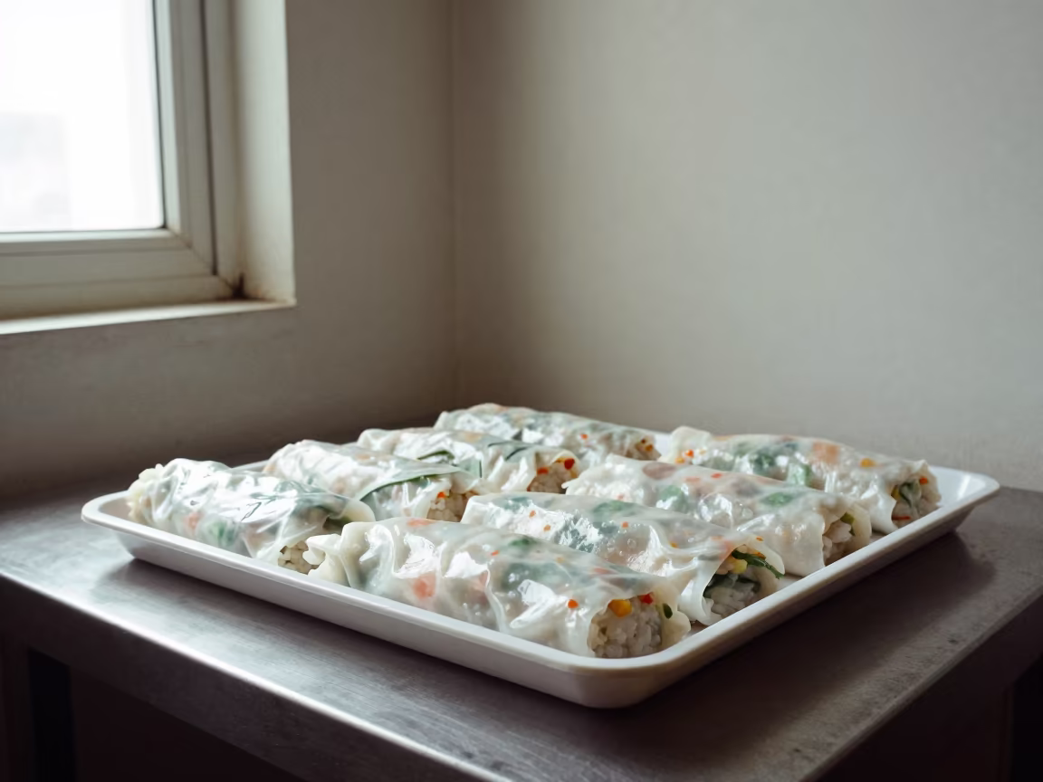 Vietnamese Banh Cuon Rolls on Tianjin Kitchen Counter in on a kitchen worktop in Tianjin