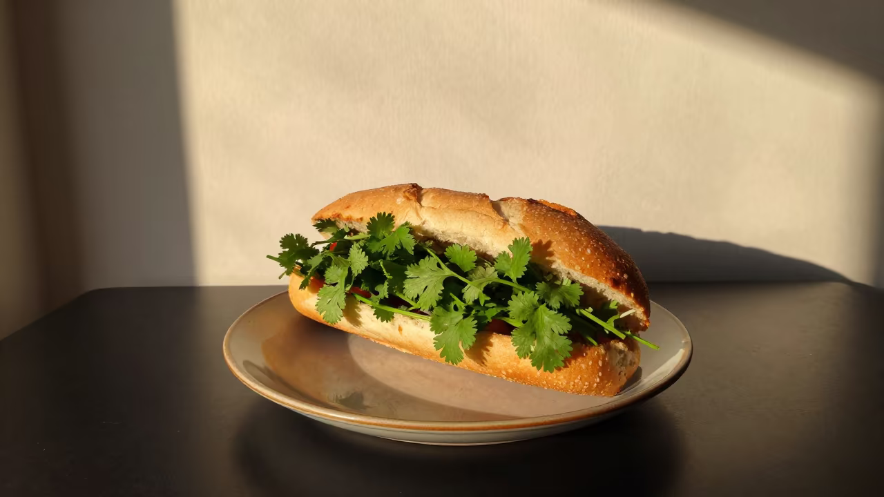 Vietnamese Banh Mi with Cilantro by Brighton Window in on a ceramic plate by a window in Brighton and Hove