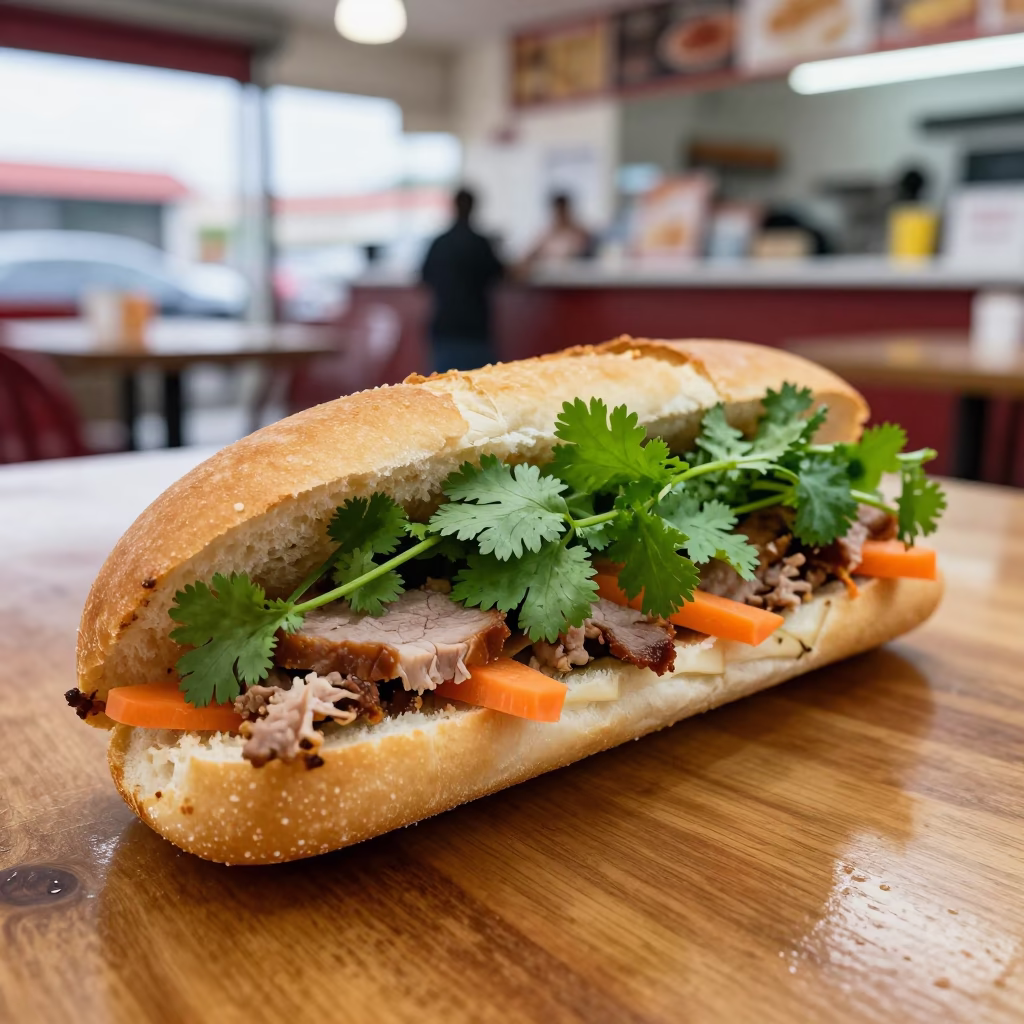 Vietnamese Banh Mi with Fresh Cilantro on Diner Table in at a roadside diner table in Tijuana