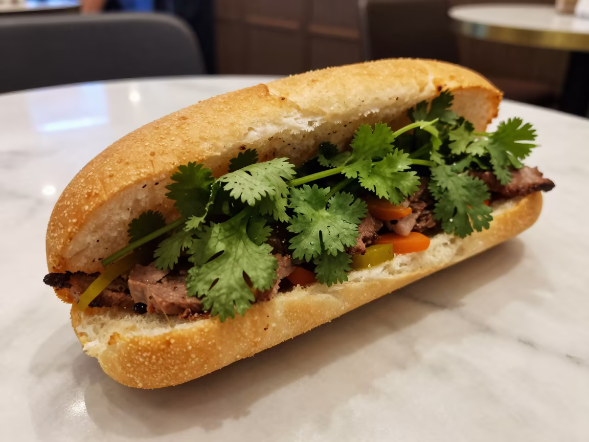 Vietnamese Banh Mi with Fresh Cilantro on Marble Table in on a marble cafe table in Siwa