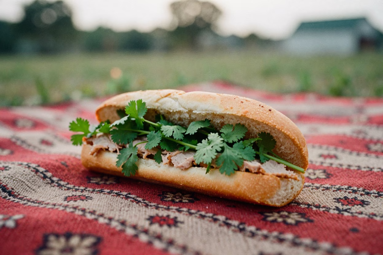 Vietnamese Banh Mi on Picnic Blanket in Kazan in on a picnic blanket in Kazan