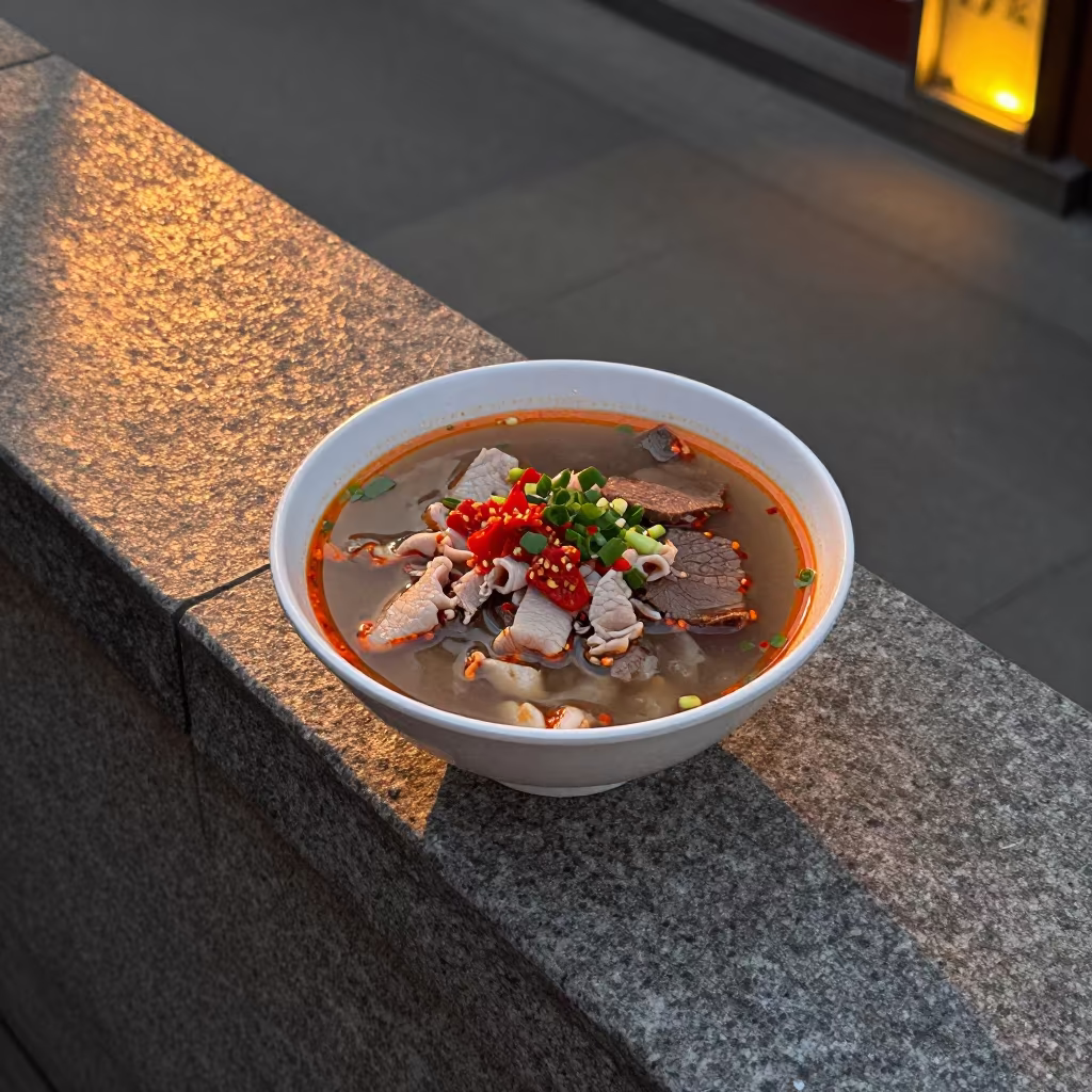 Vietnamese Bun Bo Hue Bowl on Stone Ledge in on a stone ledge near Chelyabinsk