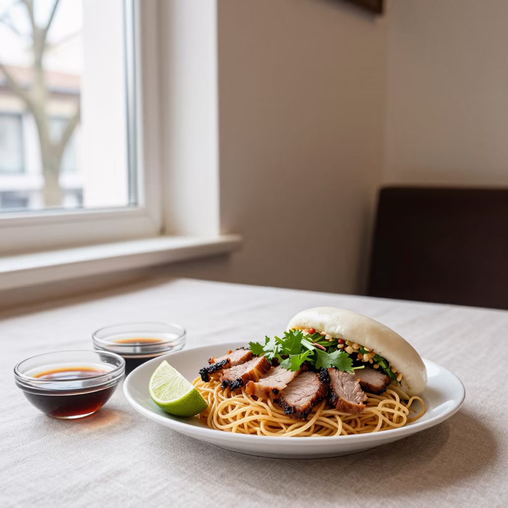Vietnamese Bun Cha with Fresh Herbs on Linen in on a linen-covered restaurant table in Gemlik