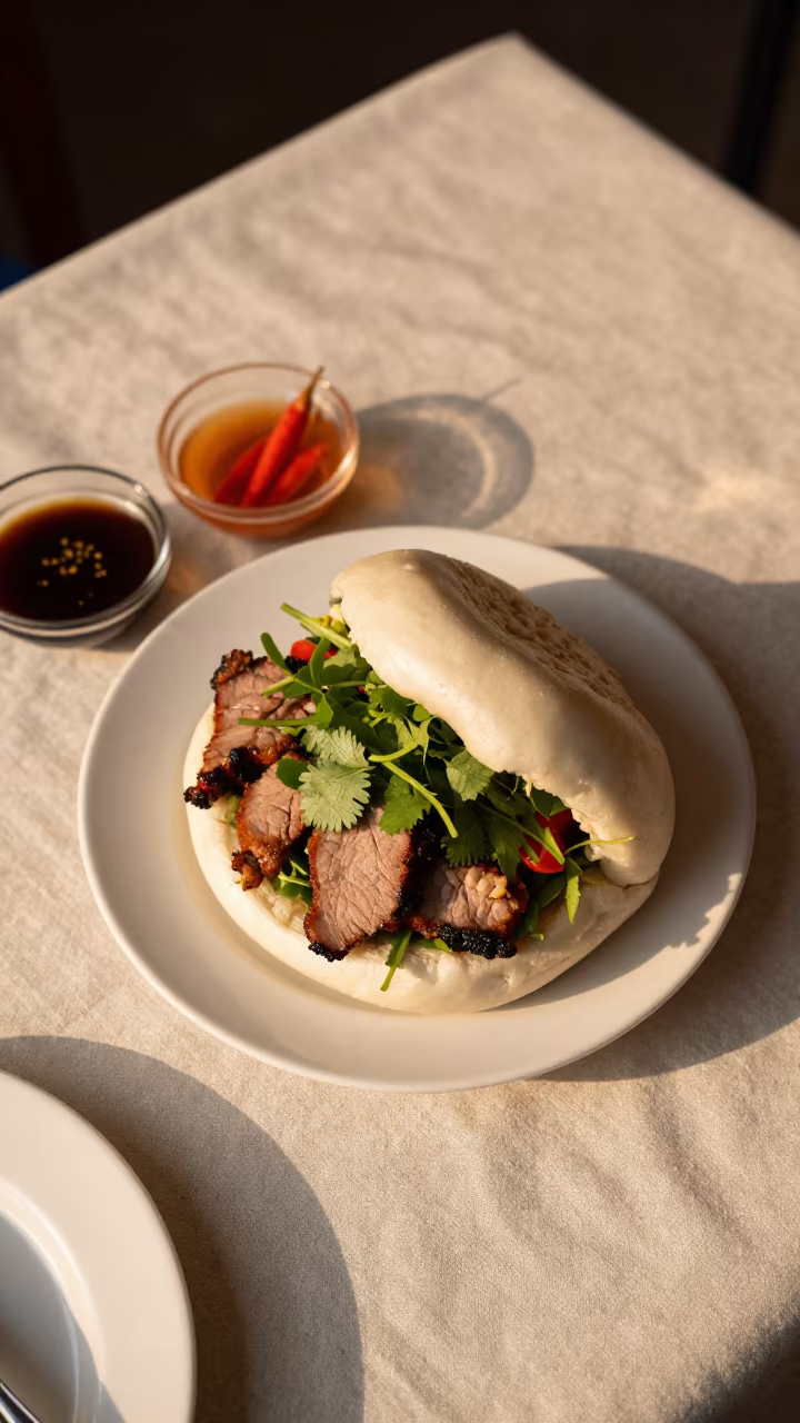 Vietnamese Bun Cha Herbs Golden Hour Baghdad in on a linen-covered restaurant table in Baghdad