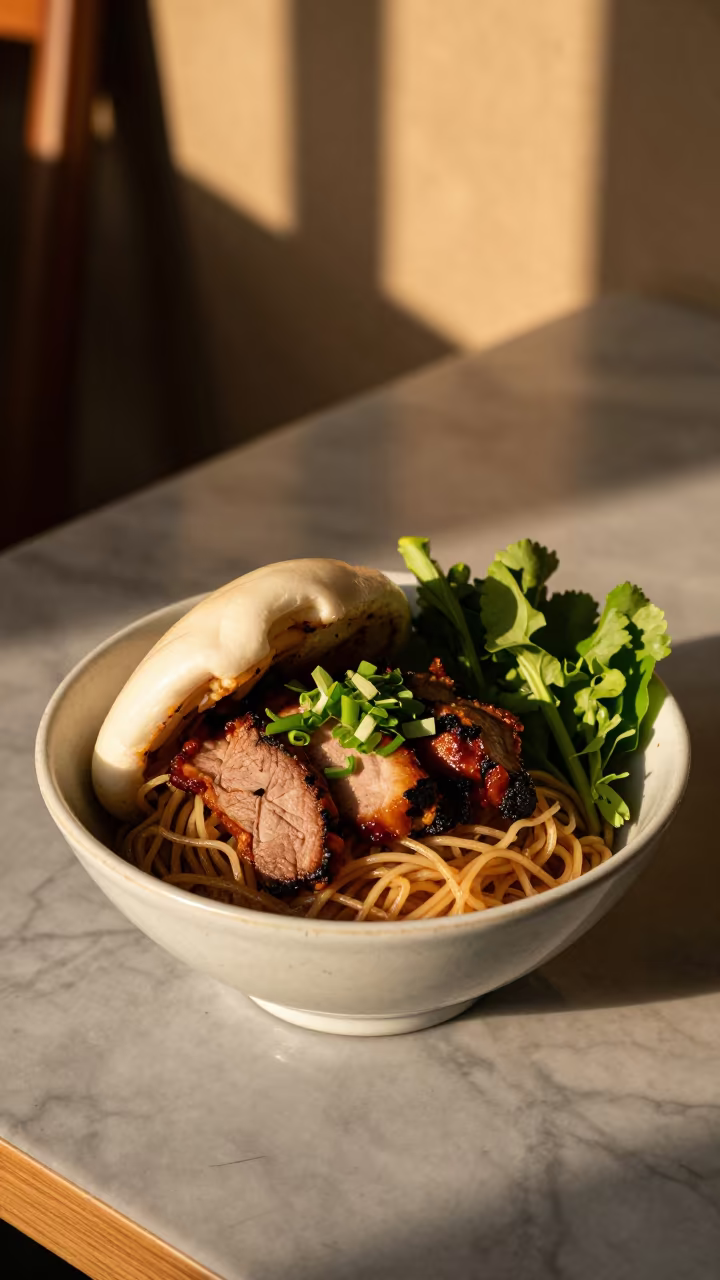 Vietnamese Bun Cha with Herbs on Marble Table in on a marble cafe table in Hongdae, Seoul