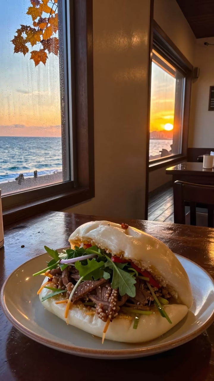 Vietnamese Bun Cha with Ocean Doorway in Osaka in on a ceramic plate by a window in Umeda, Osaka