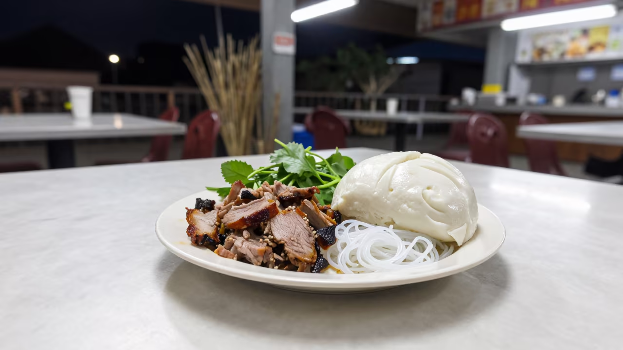 Vietnamese Bun Cha with Herbs on Roadside Table in at a roadside diner table in Gorakhpur