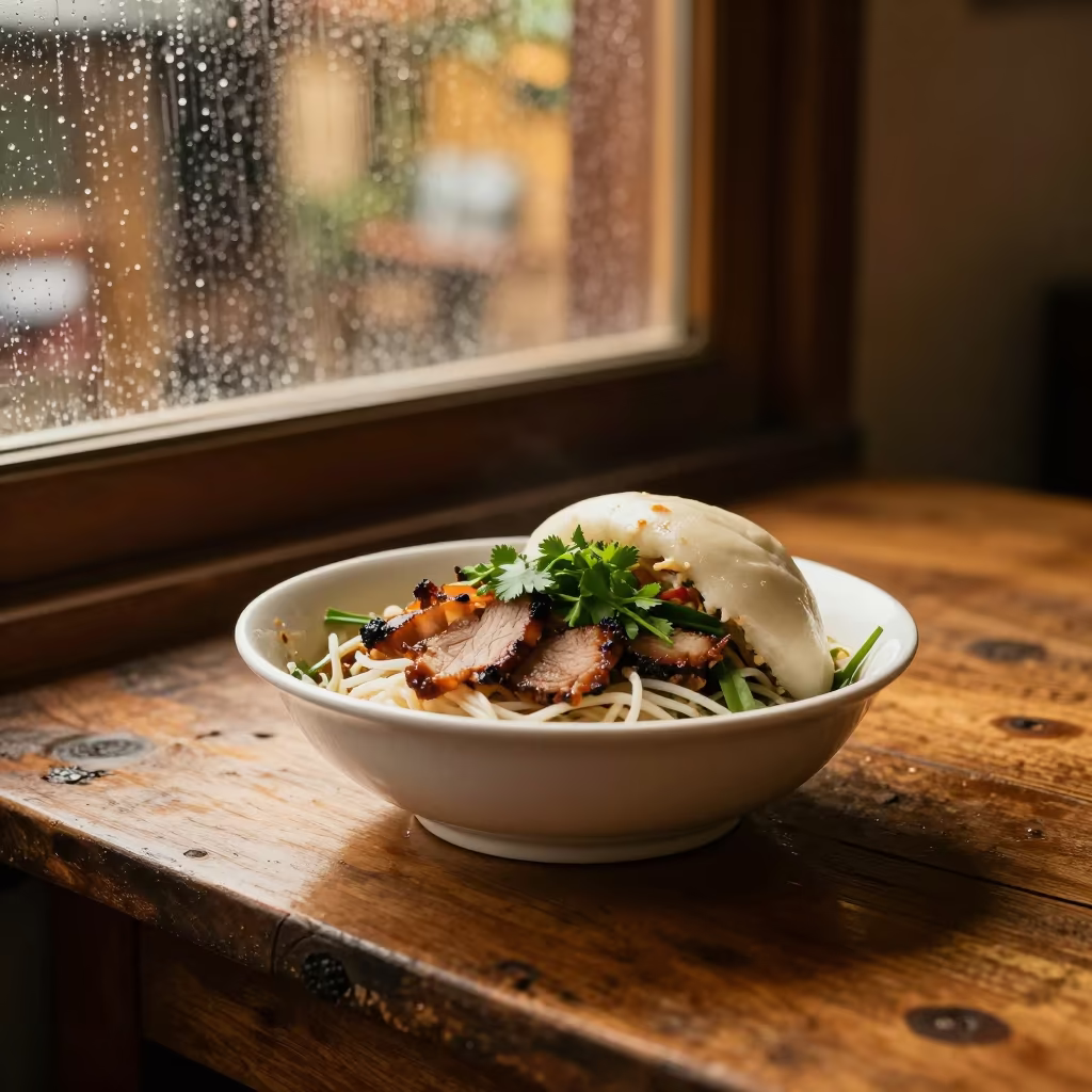 Vietnamese Bun Cha on Rustic Table in Guarenas in on a rustic wooden table in Guarenas