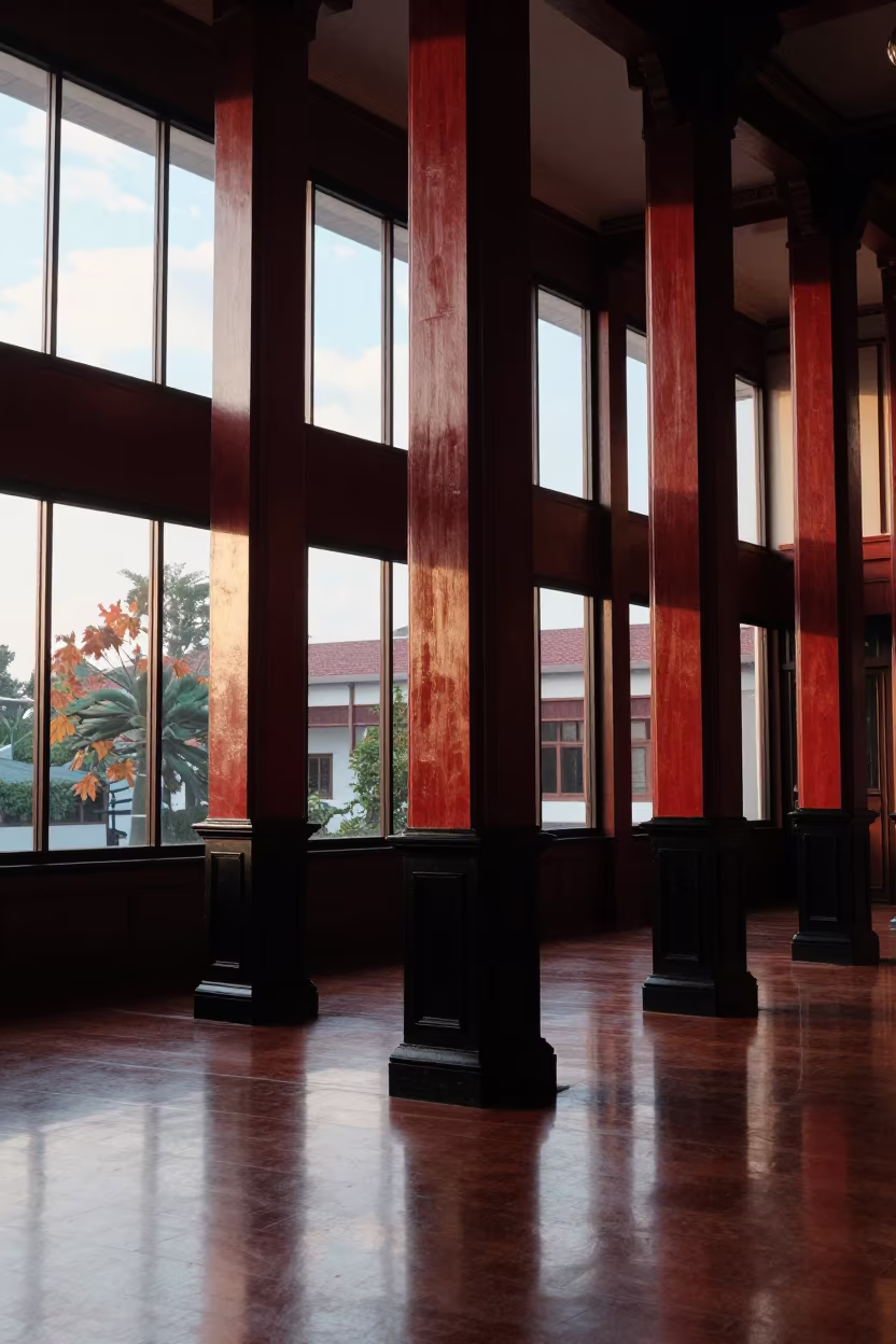 Vietnamese Communal House Pillars in Taichung Atrium in inside a vaulted atrium in Taichung