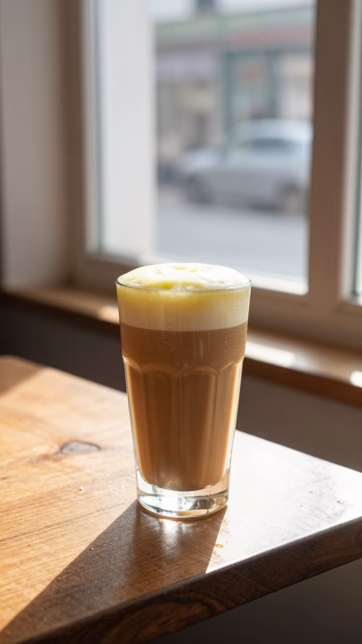 Vietnamese Egg Coffee Foam in Çanakkale Cafe in on a small cafe table by a window in Çanakkale