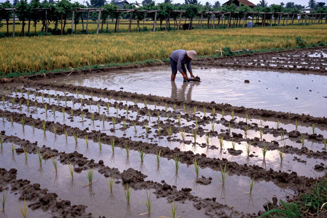 Vietnamese Farmer in Rice Paddy After Rain in between vineyard trellises in Vietnam