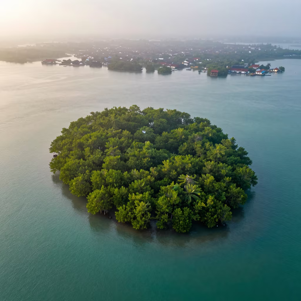 Vietnamese Mangrove Island Turquoise Water in high above patterned rooftops in Vietnam