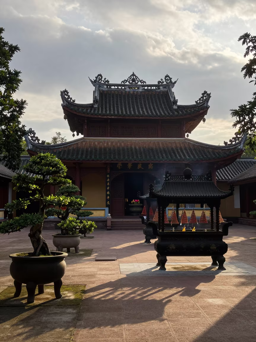 Vietnamese Pagoda Courtyard Finland Morning in at the edge of a sacred pool in Finland