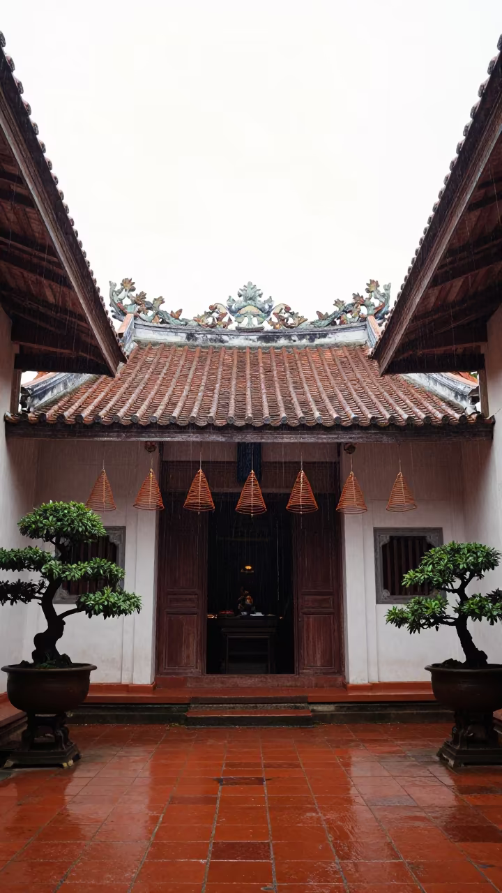 Vietnamese Pagoda Courtyard in Makassar with Hanging Incense in at a shrine entrance in Makassar
