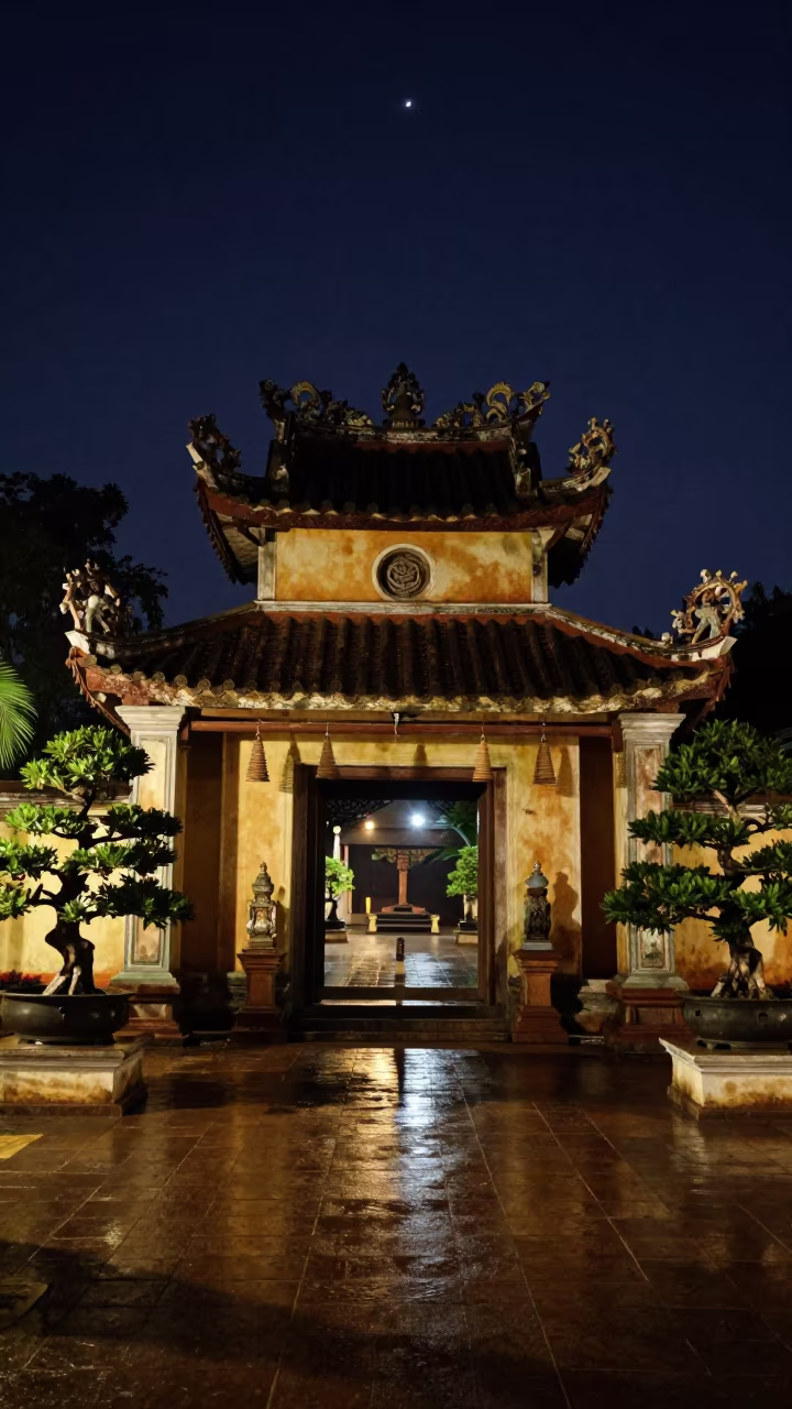 Vietnamese Pagoda Courtyard South Sudan Night in at a shrine entrance in South Sudan