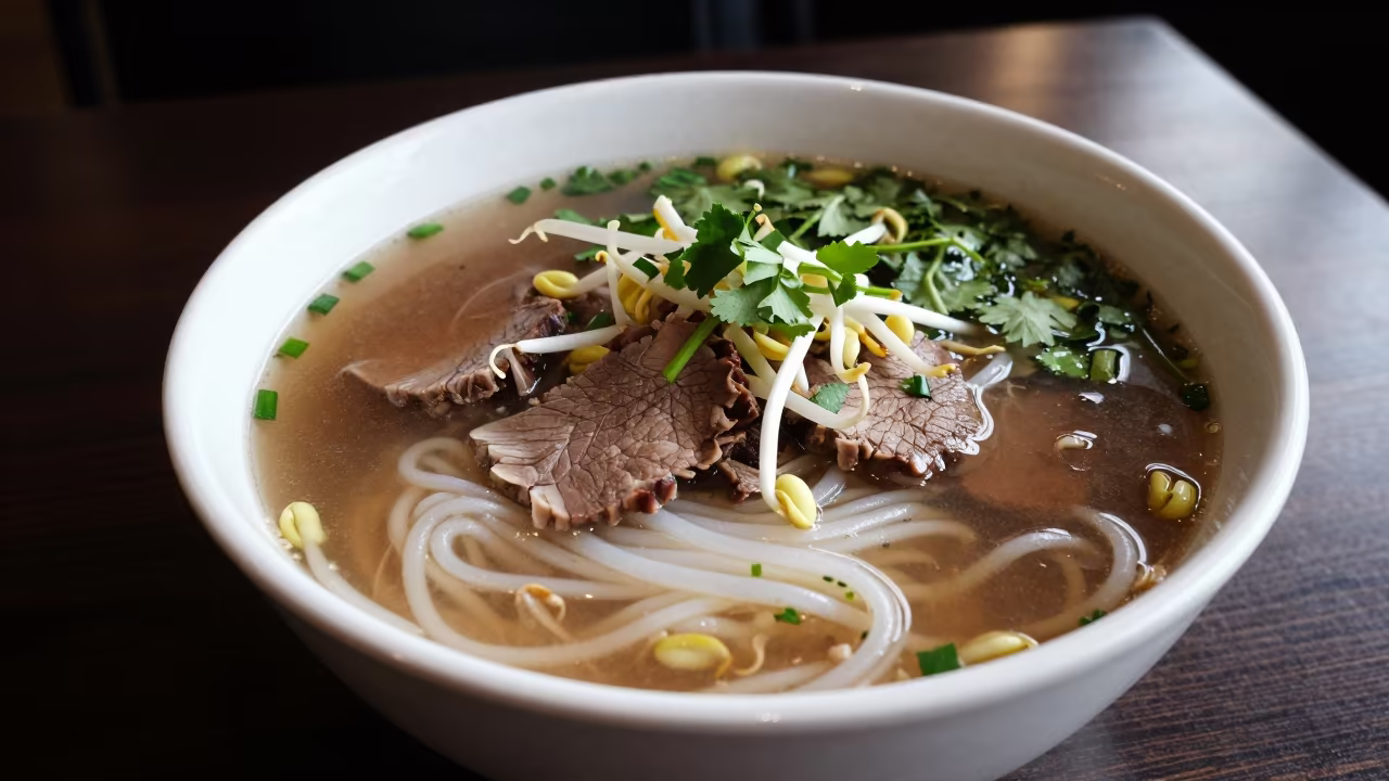 Vietnamese Pho Bowl with Herbs on Kaunas Table in on a restaurant table in Kaunas