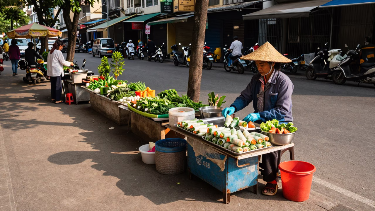 Vietnamese Spring Rolls and Herb Garden in Ho Chi Minh City Late Afternoon Light in in Ho Chi Minh City, Vietnam