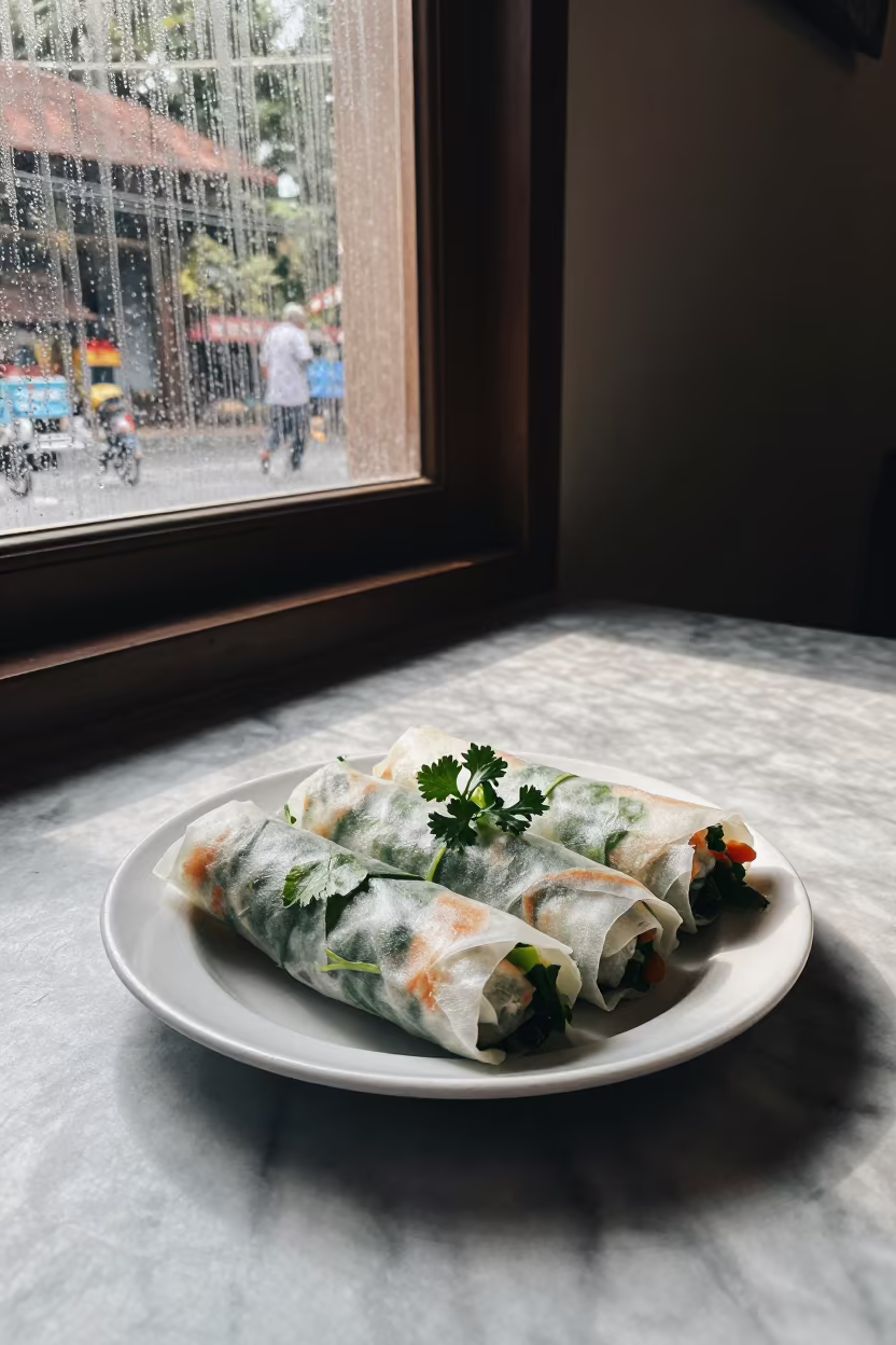Vietnamese Spring Rolls Herb Garden Cafe Table in on a marble cafe table in Mangalore