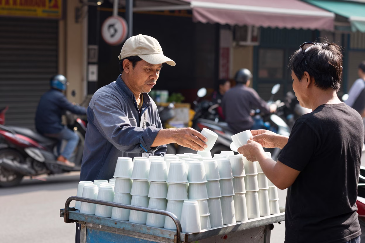Vietnamese street vendor selling porcelain cups in Ho Chi Minh City in in Ho Chi Minh City, Vietnam