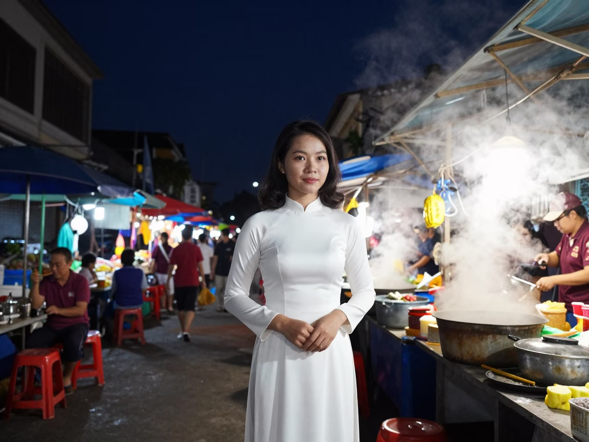Vietnamese woman in 1960s Saigon night market holding porcelain bowl of pumpkin soup in in Ho Chi Minh City, Vietnam