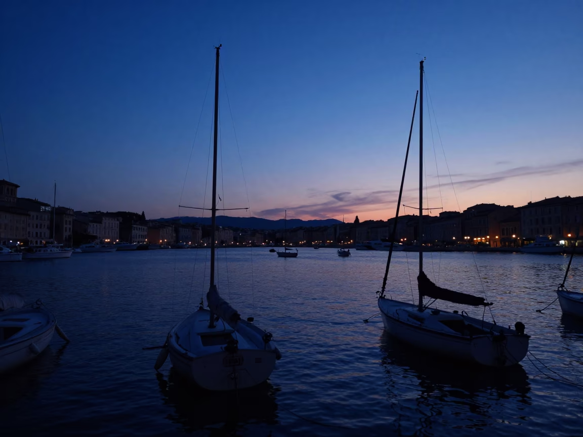 Vieux Port in Marseille at Indigo Twilight After Sunset in in Marseille, France