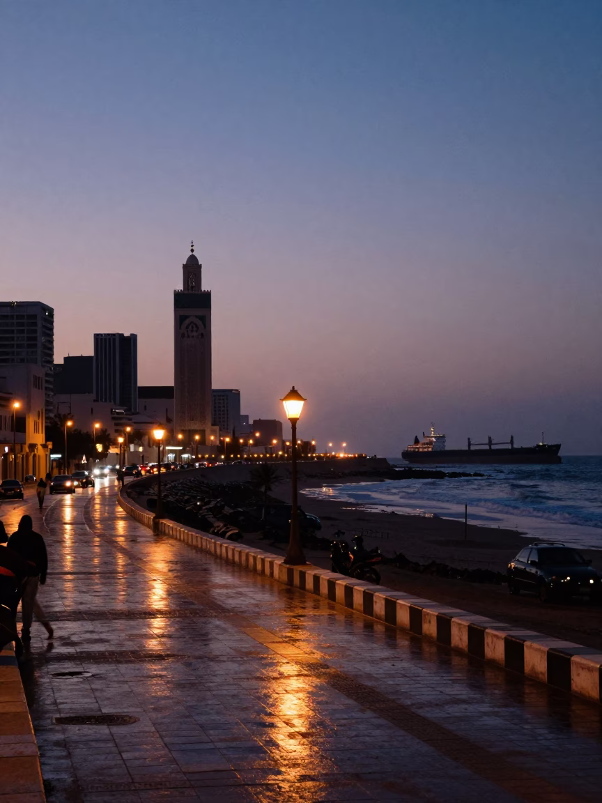 View in Casablanca at The Predawn Darkness Light in in Casablanca, Morocco