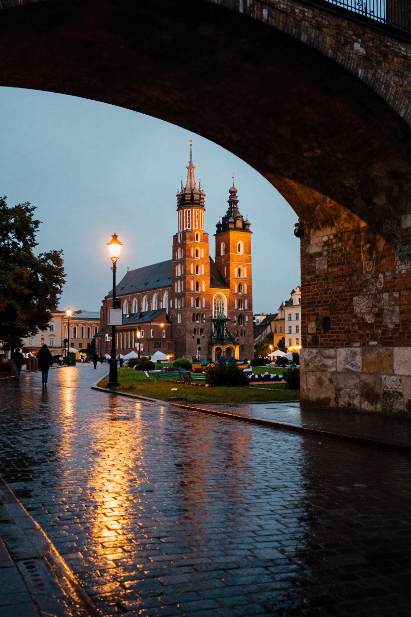 View in Krakow at As City Lights Begin To Glow in in Krakow, Poland
