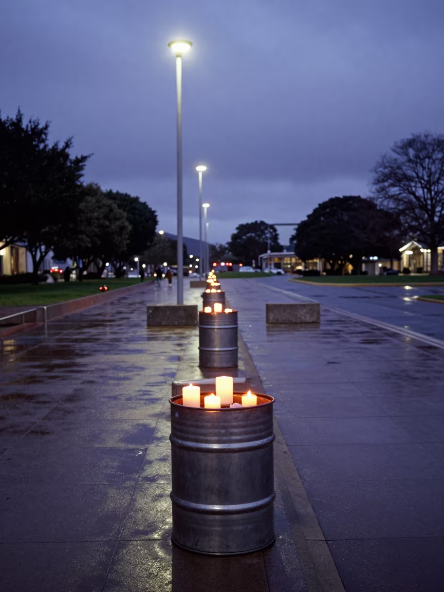 Vigil Candles in Civic Plaza Trash Barrel in along barricaded protest routes near Wollongong