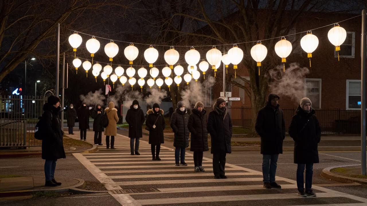 Vigil Lanterns Glow Through Sleet at School Gate in at a crosswalk by a school gate in Grand-Zattry