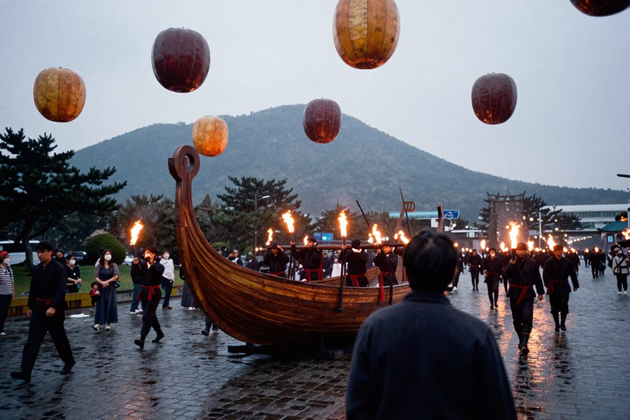 Viking Longship Parade in Jeju Square in at a public square during a festival in Jeju