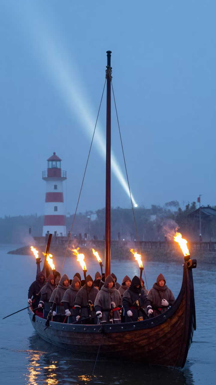 Viking Longship Torch Parade Before Dawn in at a waterfront celebration in Nanning