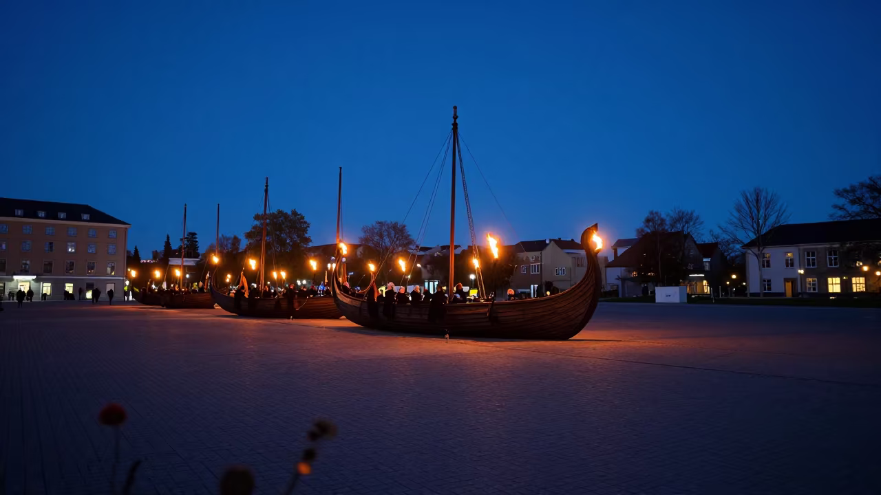 Viking Longship Torchlit Parade Blue Hour in at a public square during a festival in Davao