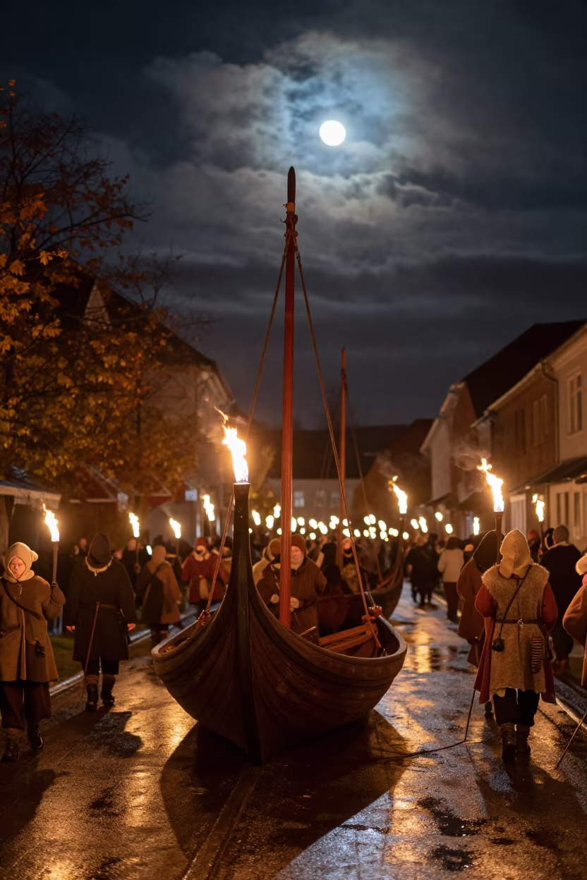 Viking Longship Torchlit Parade in Cold Moonlight in at a festival street procession near Cipolletti