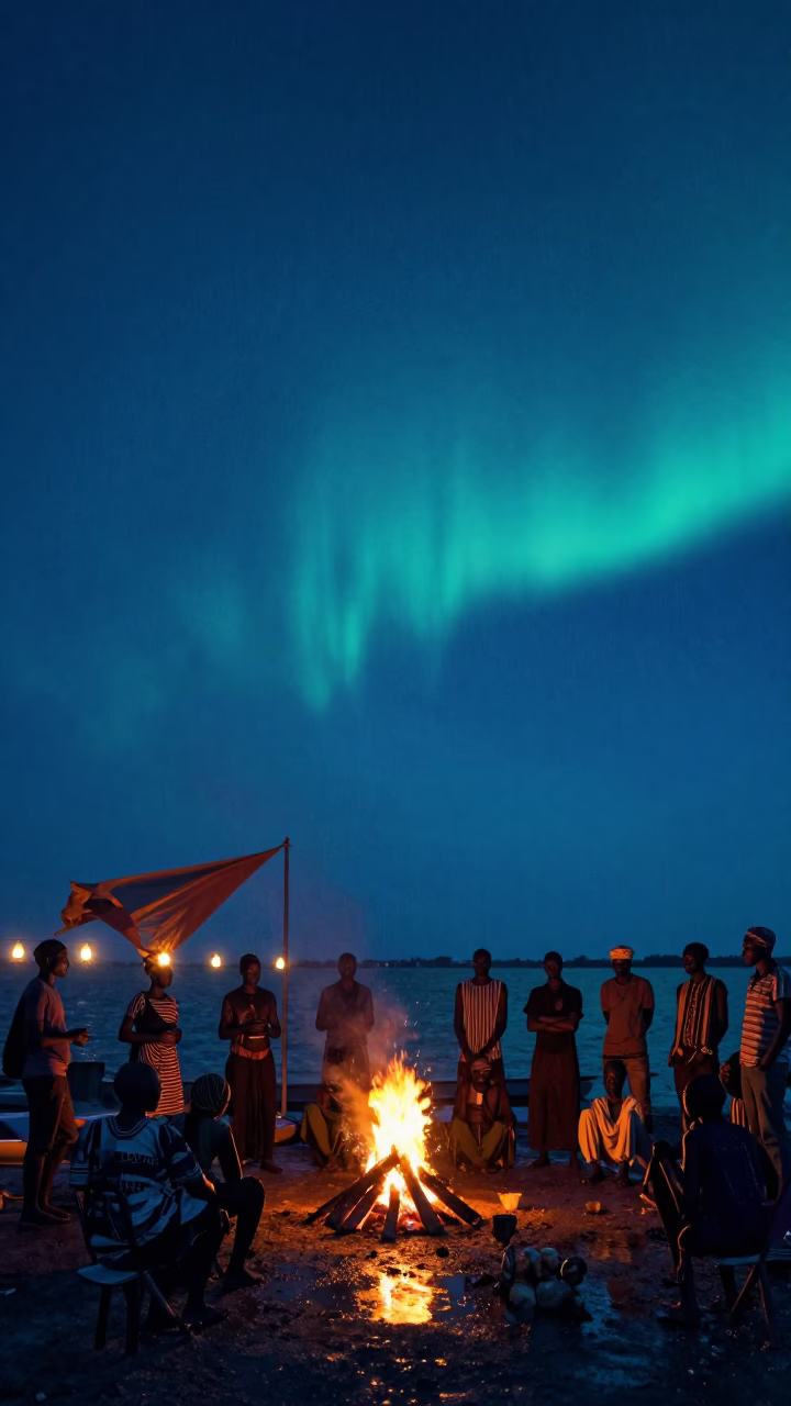 Villagers Bonfire Eyes Reflected Dakar Harbor in beside a lantern-dotted harbor near Ouakam, Dakar