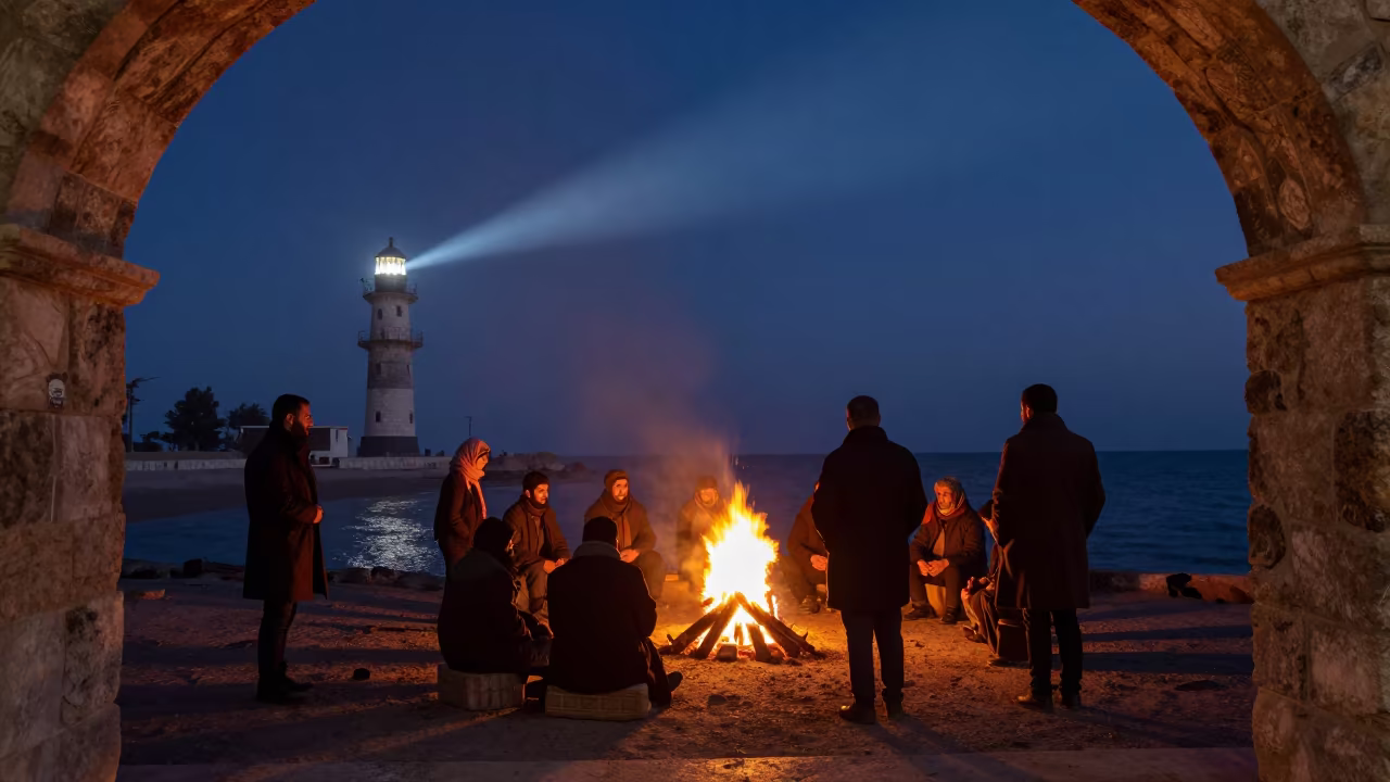 Villagers Bonfire Reflection Before Dawn Syria in along a dark shoreline with tidal glow in Syria
