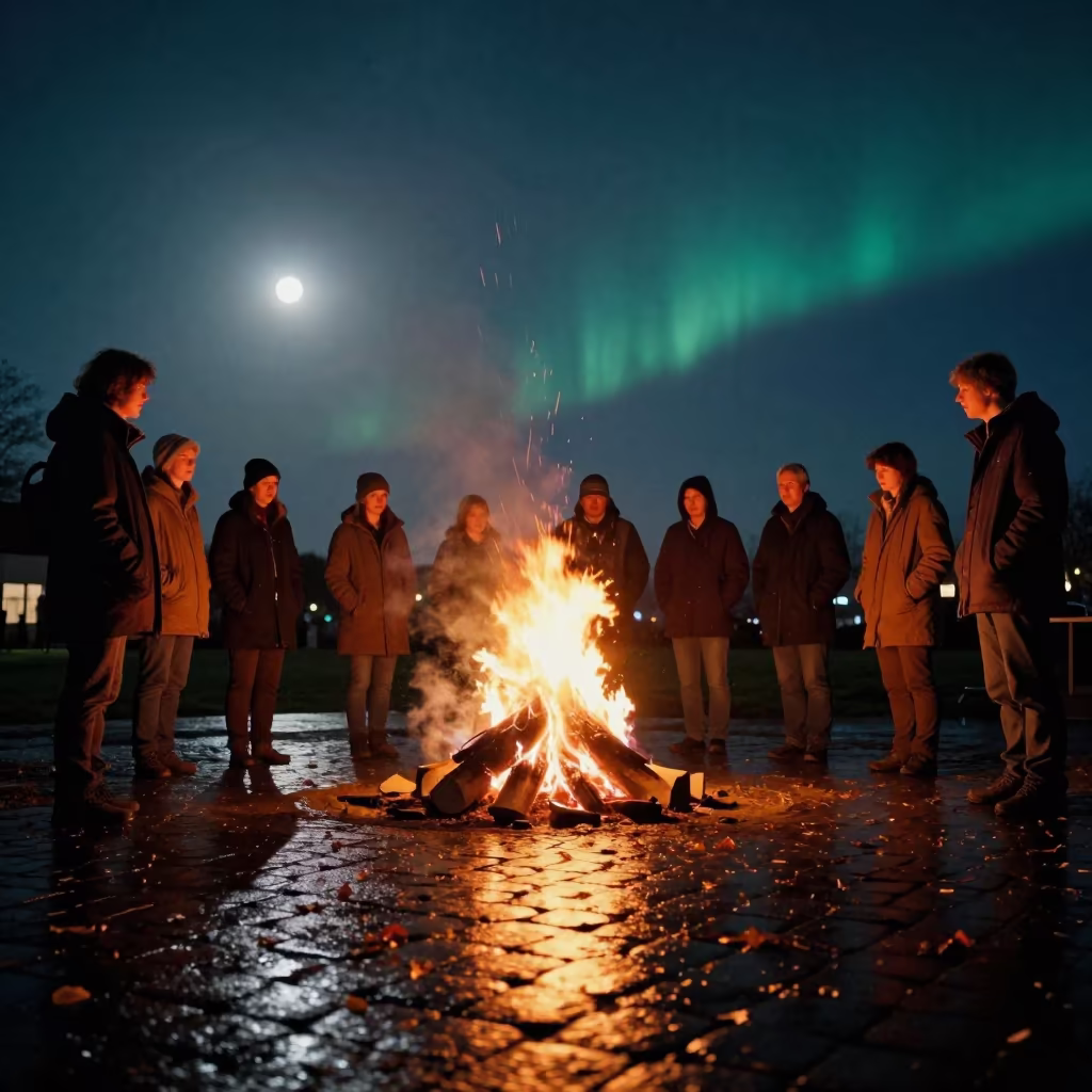 Villagers Bonfire Reflections Moonlit Lubeck Night in beneath a moon-washed horizon near Lubeck