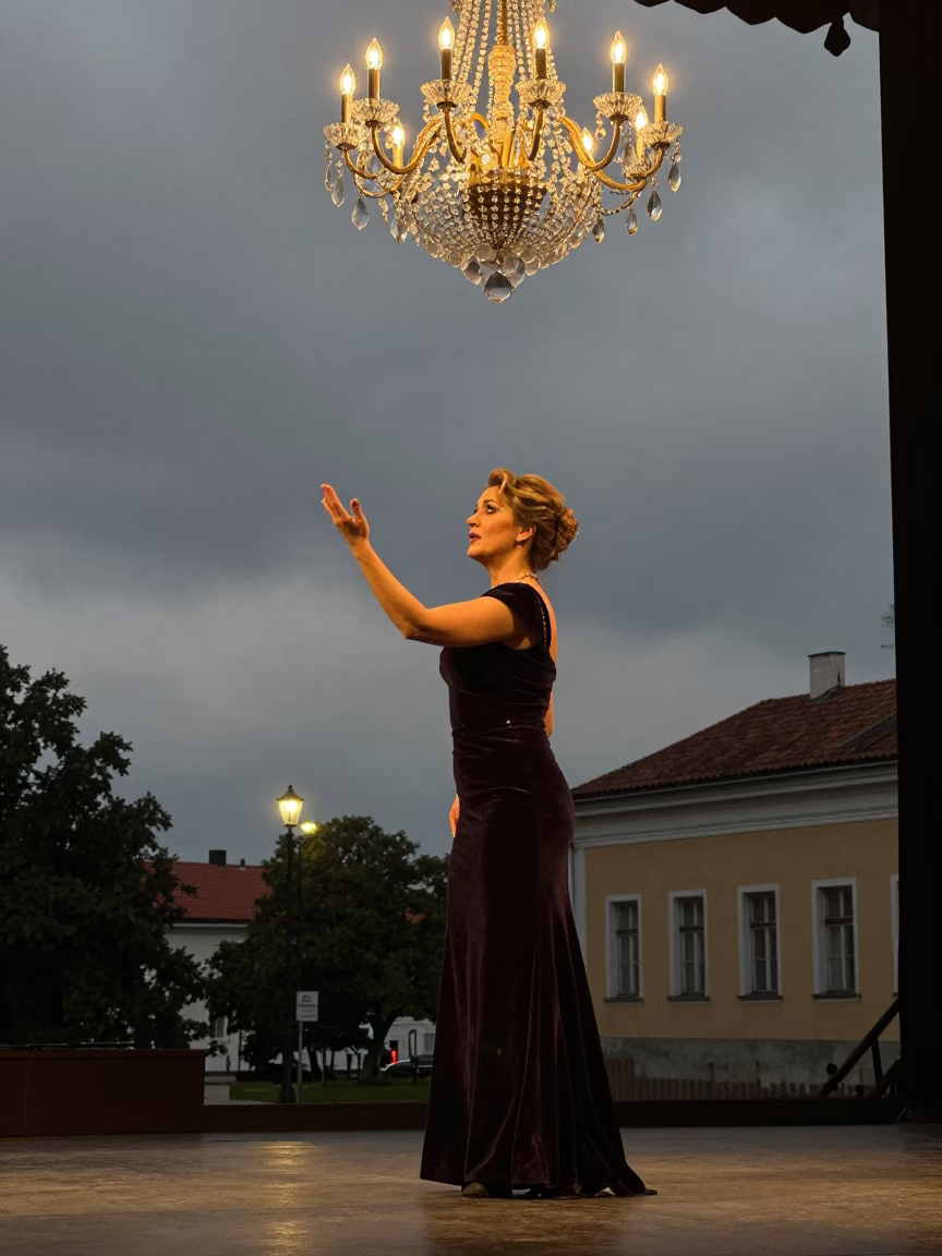 Vilnius Opera Singer Under Chandelier Night in on a theater stage in Vilnius