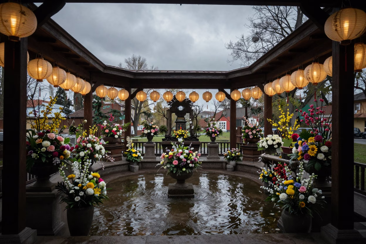 Vilnius Shrine Floral Setup Overcast Morning Light in in a shrine lined with lanterns in Vilnius