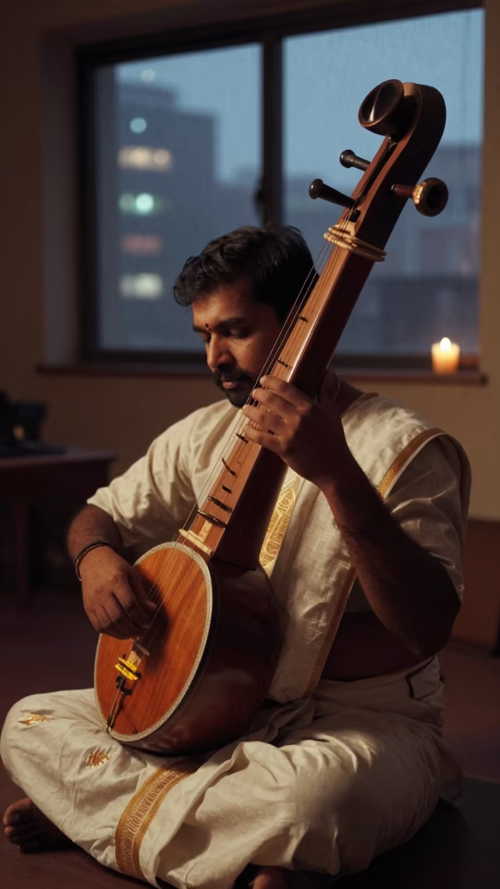 Vina Player in Hong Kong Monsoon Rehearsal in in a rehearsal room in Hong Kong