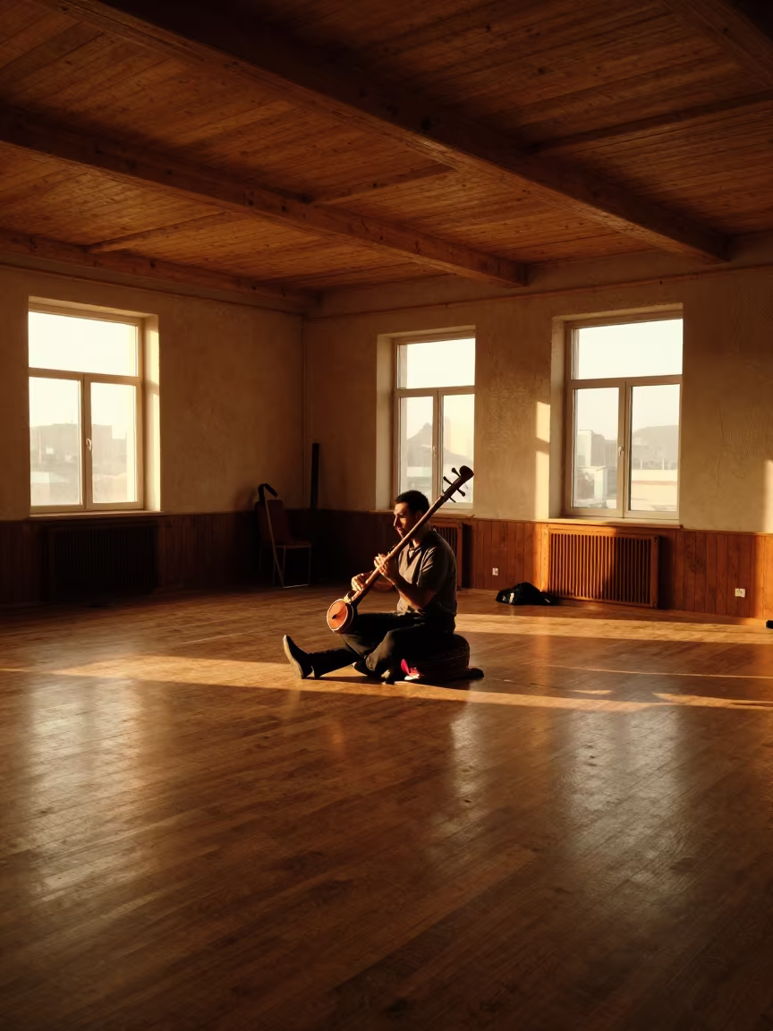 Vina Player in Iğdır Rehearsal at Golden Hour in in a rehearsal room in Iğdır