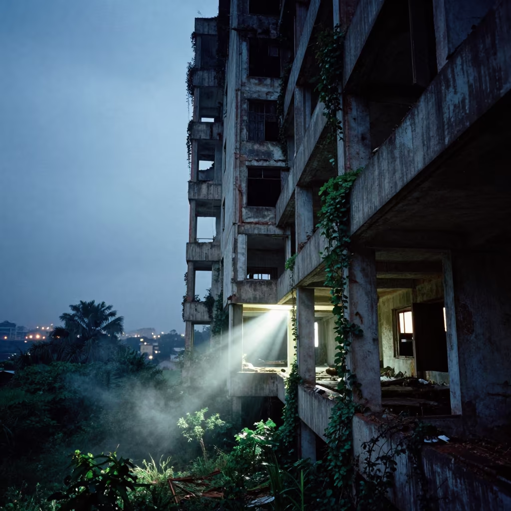 Vine-Choked Brutalist Tower at Dusk in Bamako in along a vine-choked corridor near Bamako