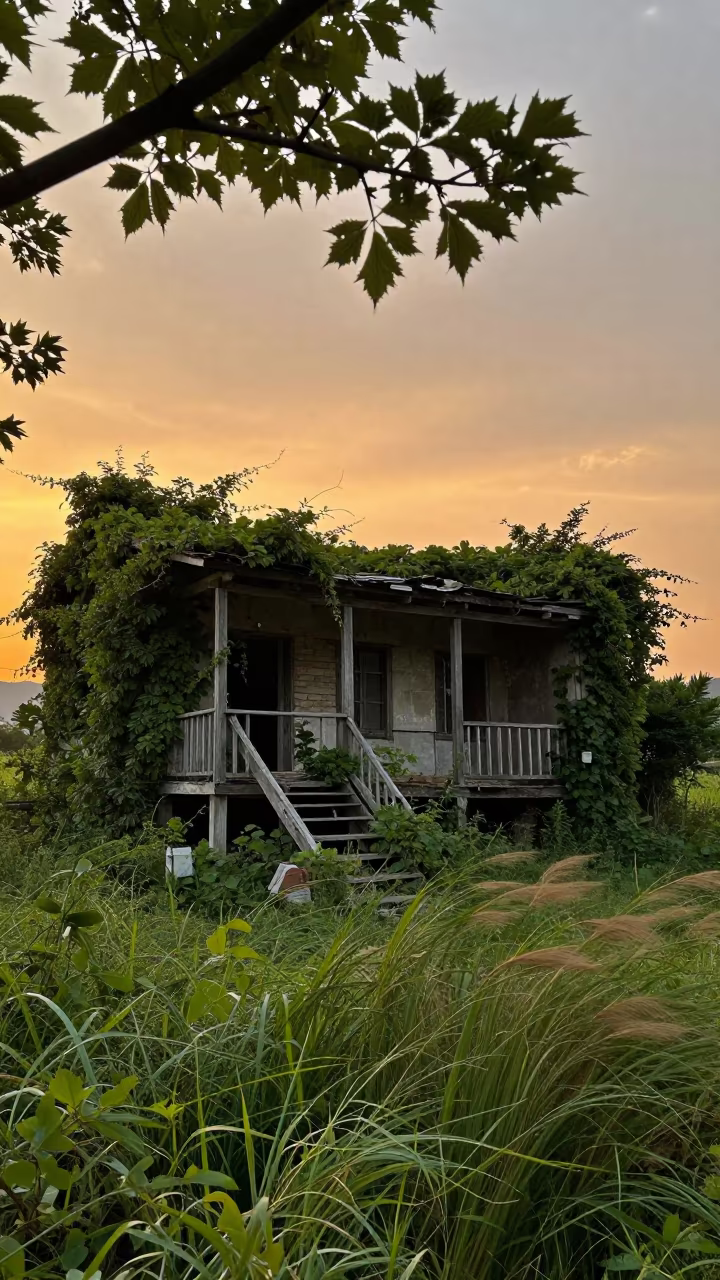 Vine Choked Farmhouse Ruin Gwangju Evening in along a vine-choked corridor near Gwangju